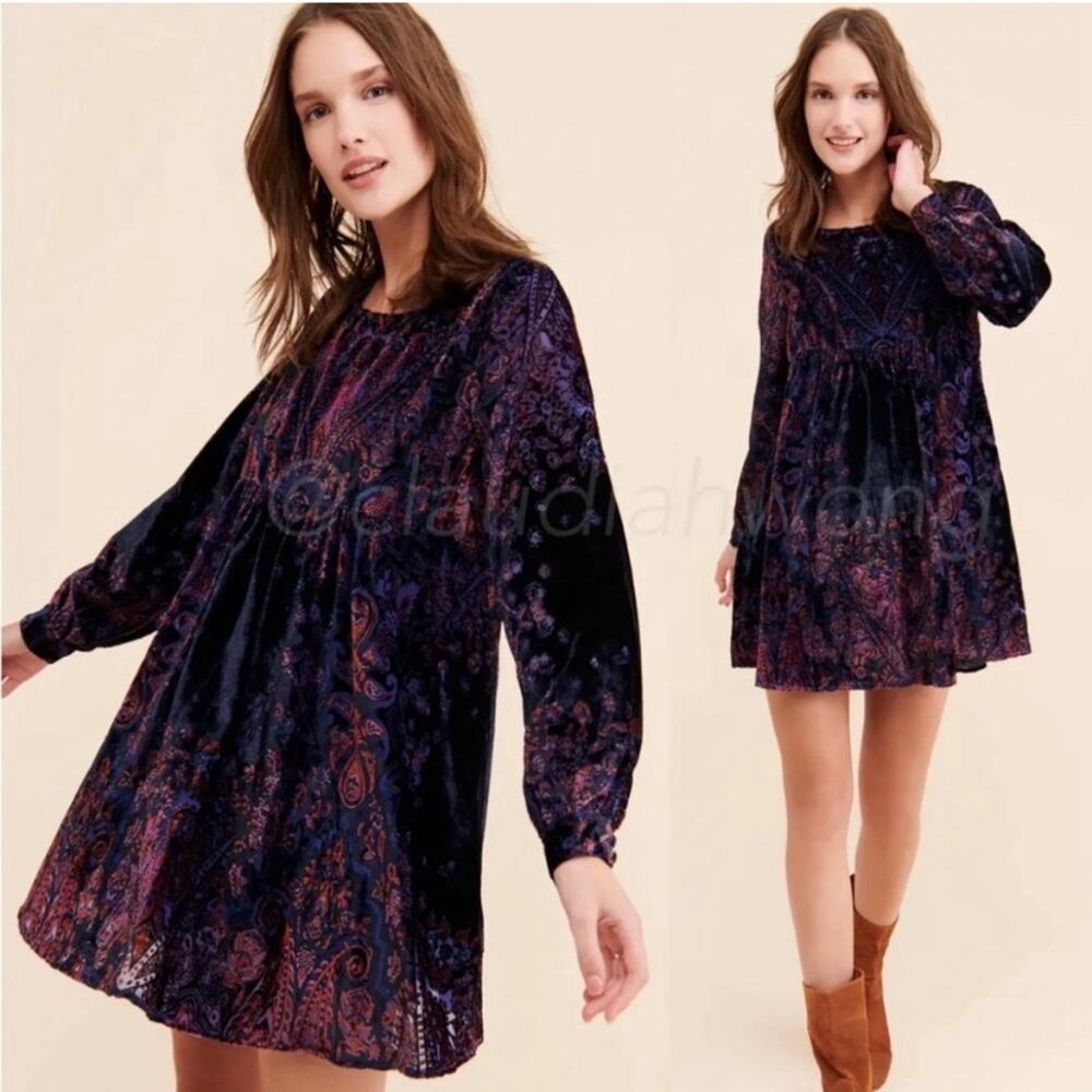 Free People | Mirror Mirror Velvet Mini Dress Long Sleeves Boho Black Purple XS